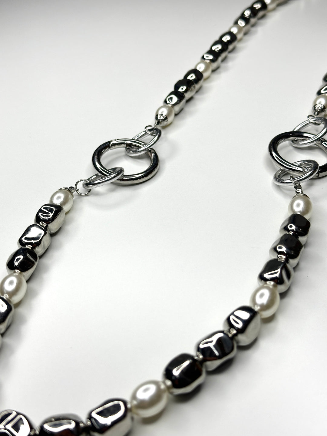 Long Bead & Ring Necklace - Silver