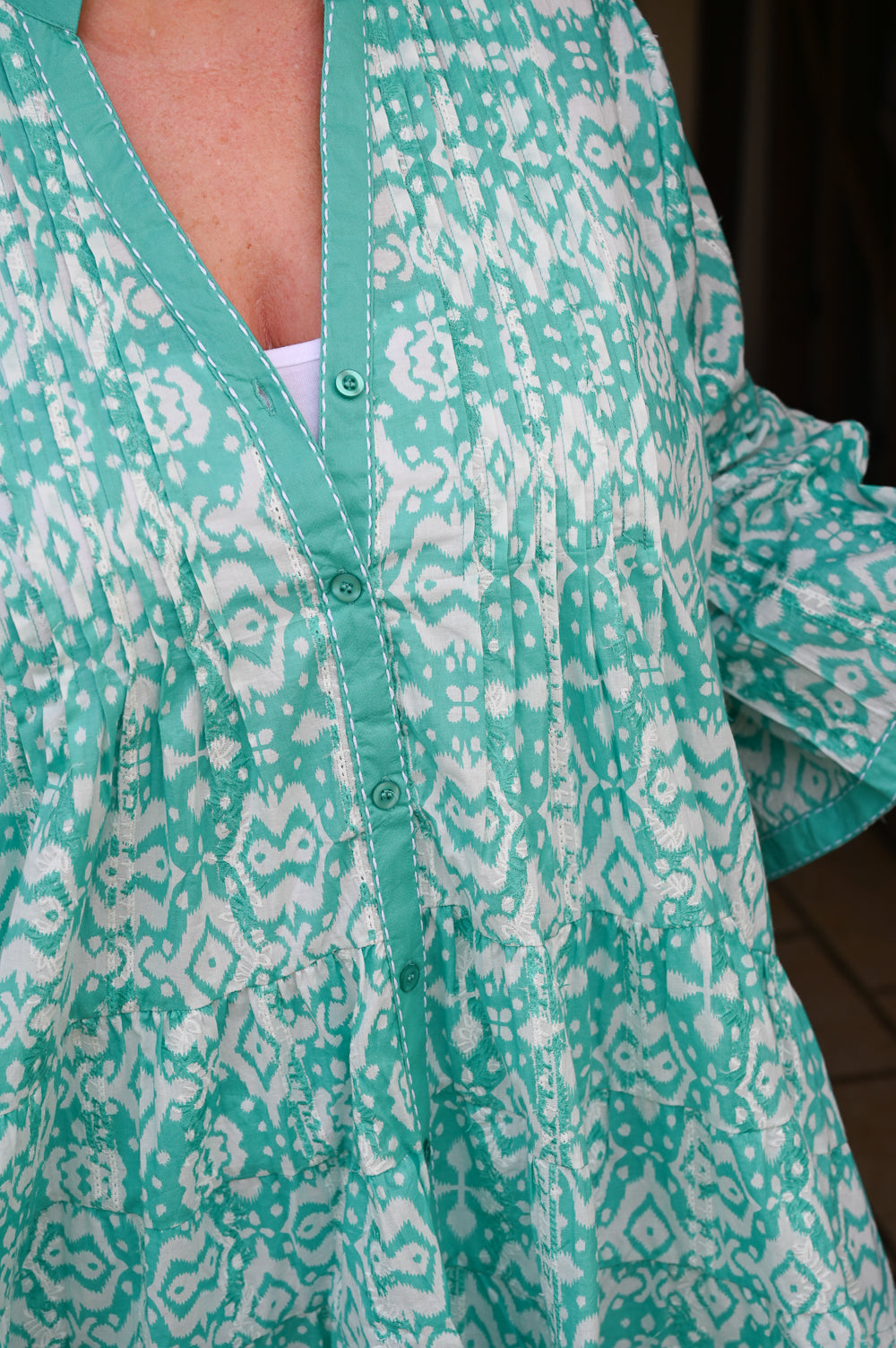 Abstract Button Through Smock Top - Turquoise