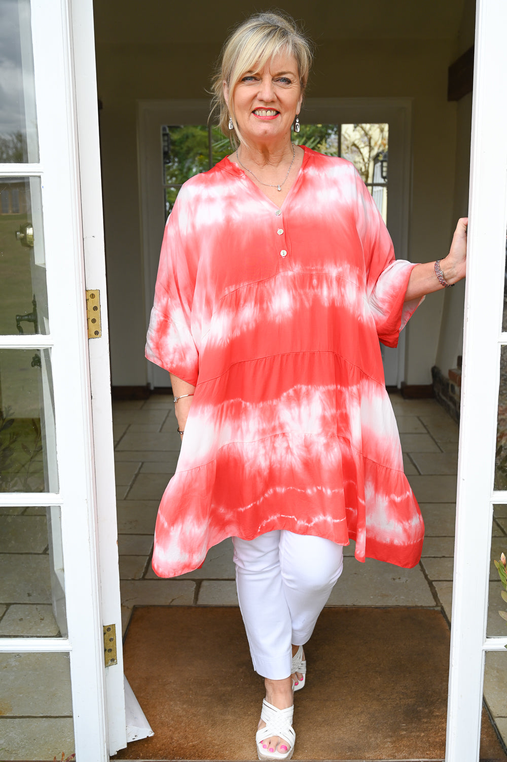 red and white tunic top