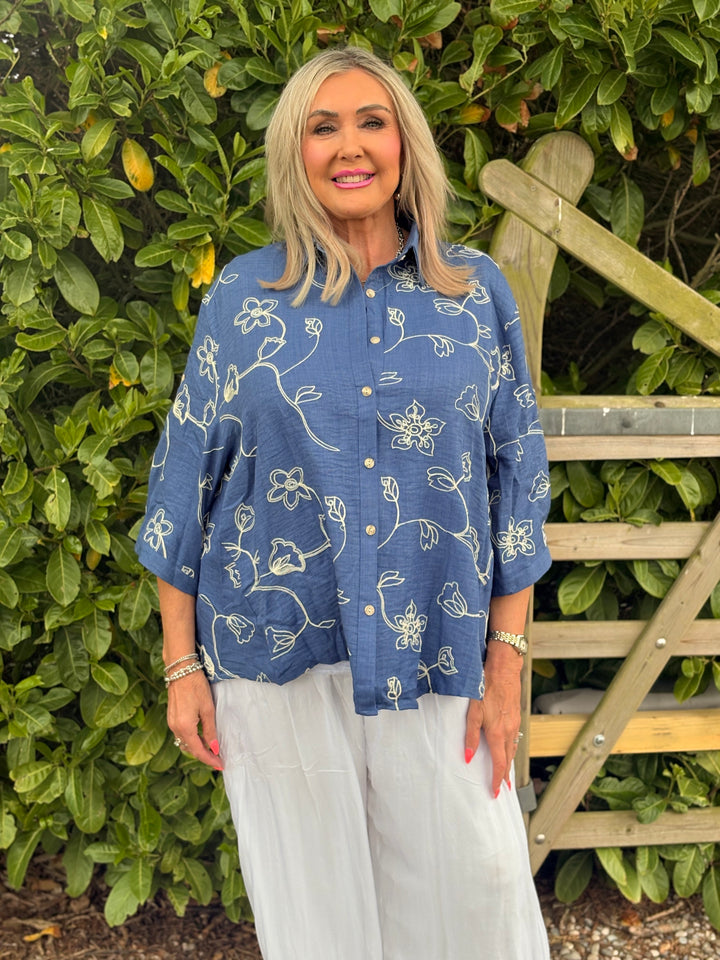 Delicate Flower Embroidery Shirt | Denim Blue