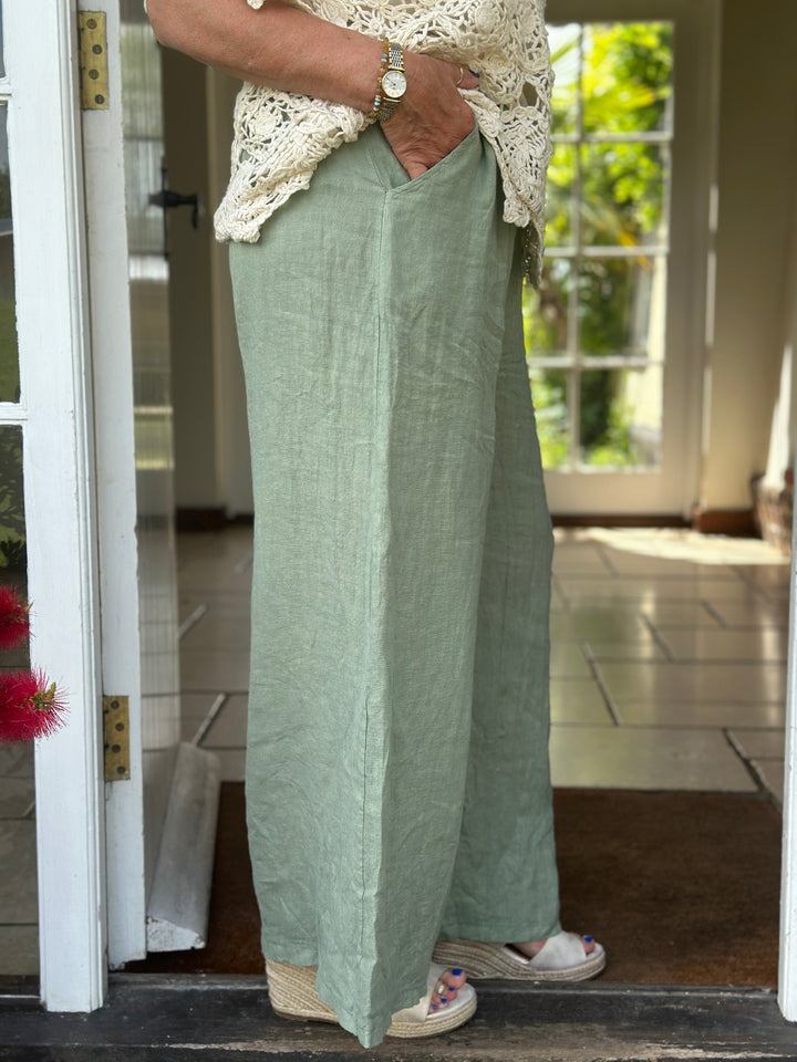 Wide Leg Linen Trouser | Khaki