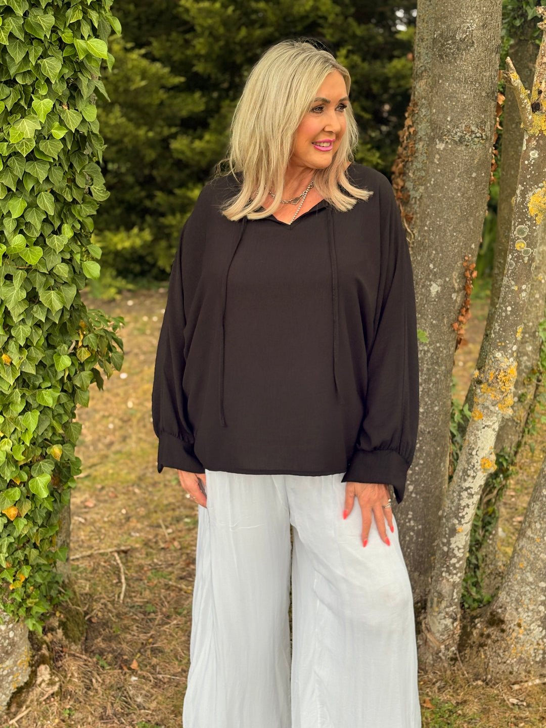 Long Sleeve Lightweight Top With Ties | Black