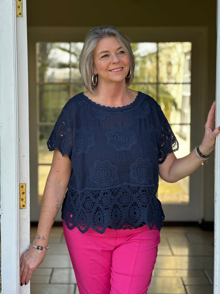 Crochet Floral Top | Navy