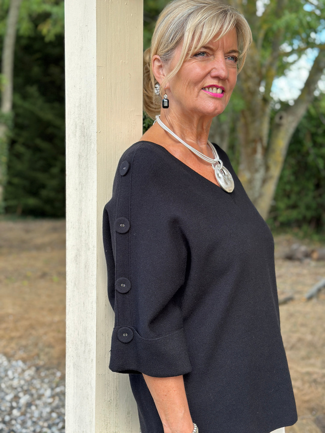Elbow Length Button Detail V Neck Jumper - Malissa J | Black