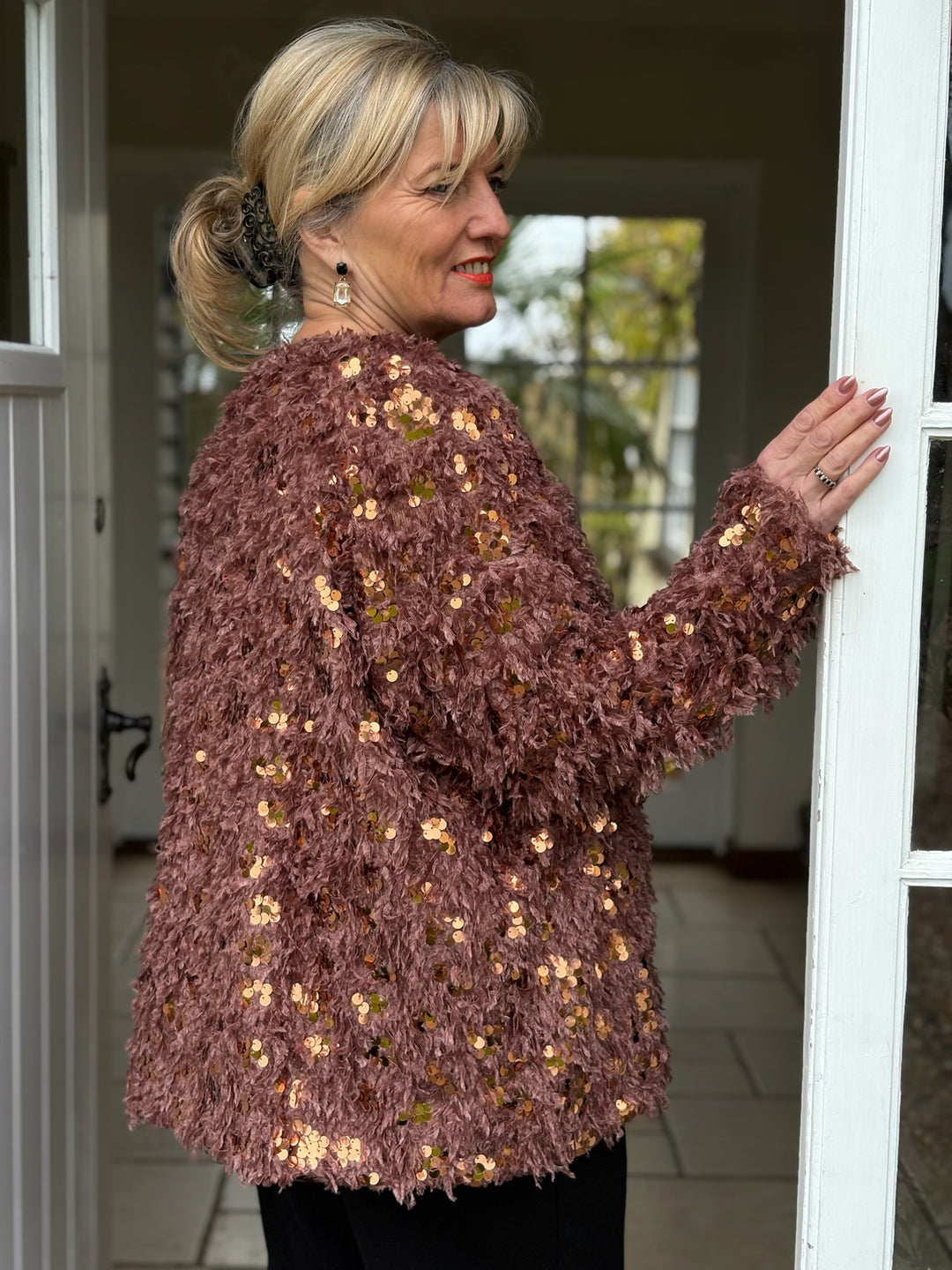 Sequin Textured Feather Jacket | Rose Gold