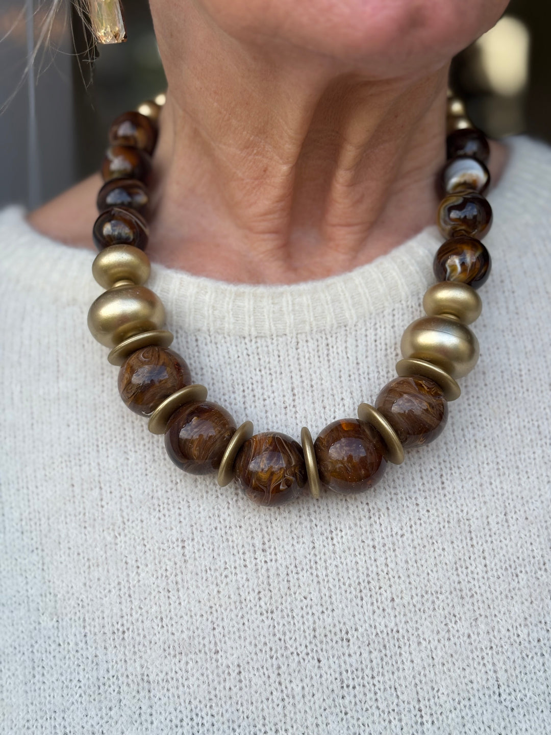 Chunky Marble Bead Necklace | Brown & Gold