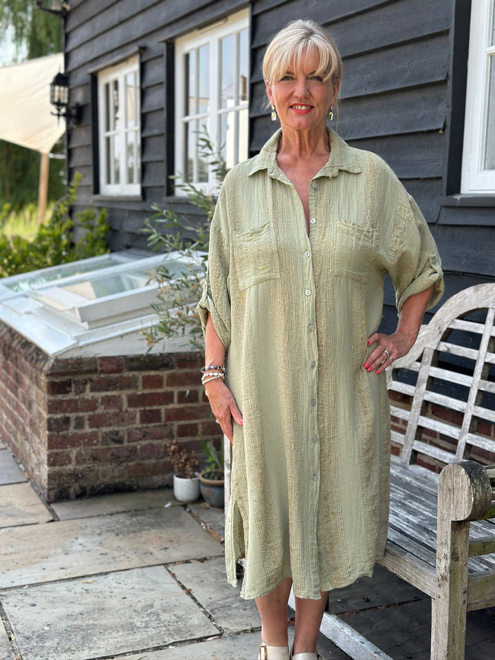 Metallic Stripe Shirt Dress | Sage