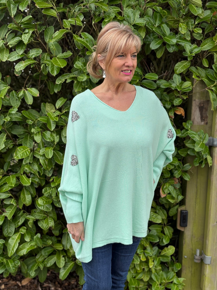 Embellished Heart Sleeve Soft Knit Top | Mint