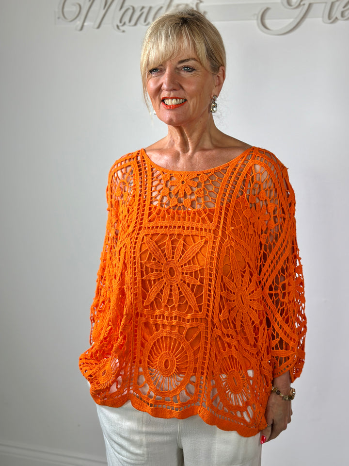 Floral Crochet Batwing Top | Orange
