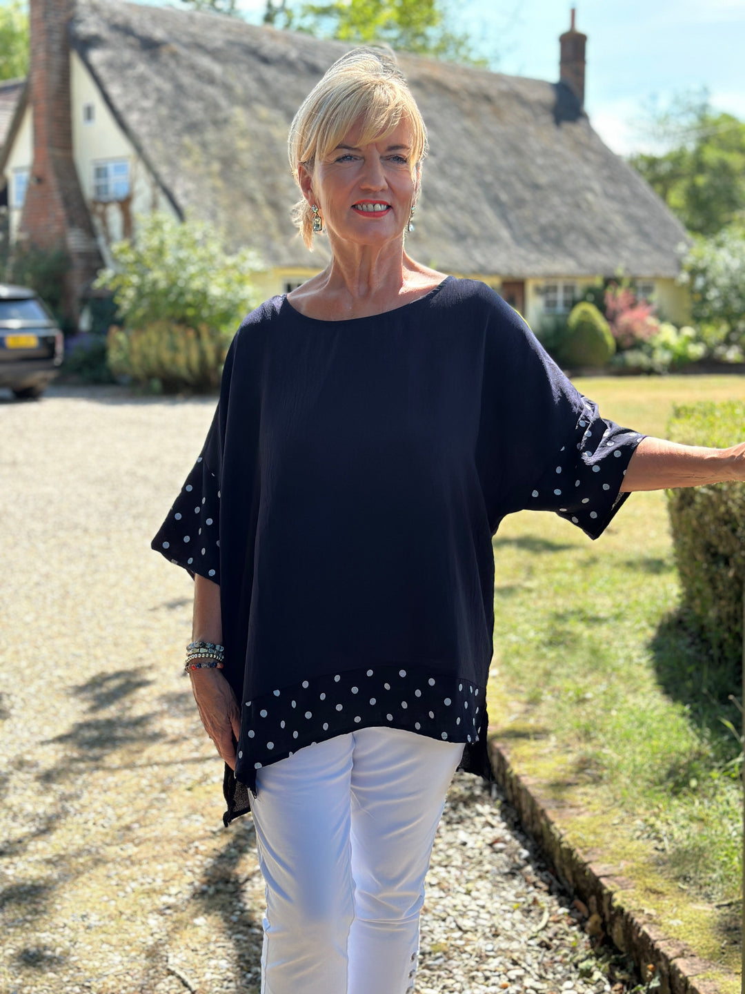 Polka Dot Trim Cotton Top | Navy