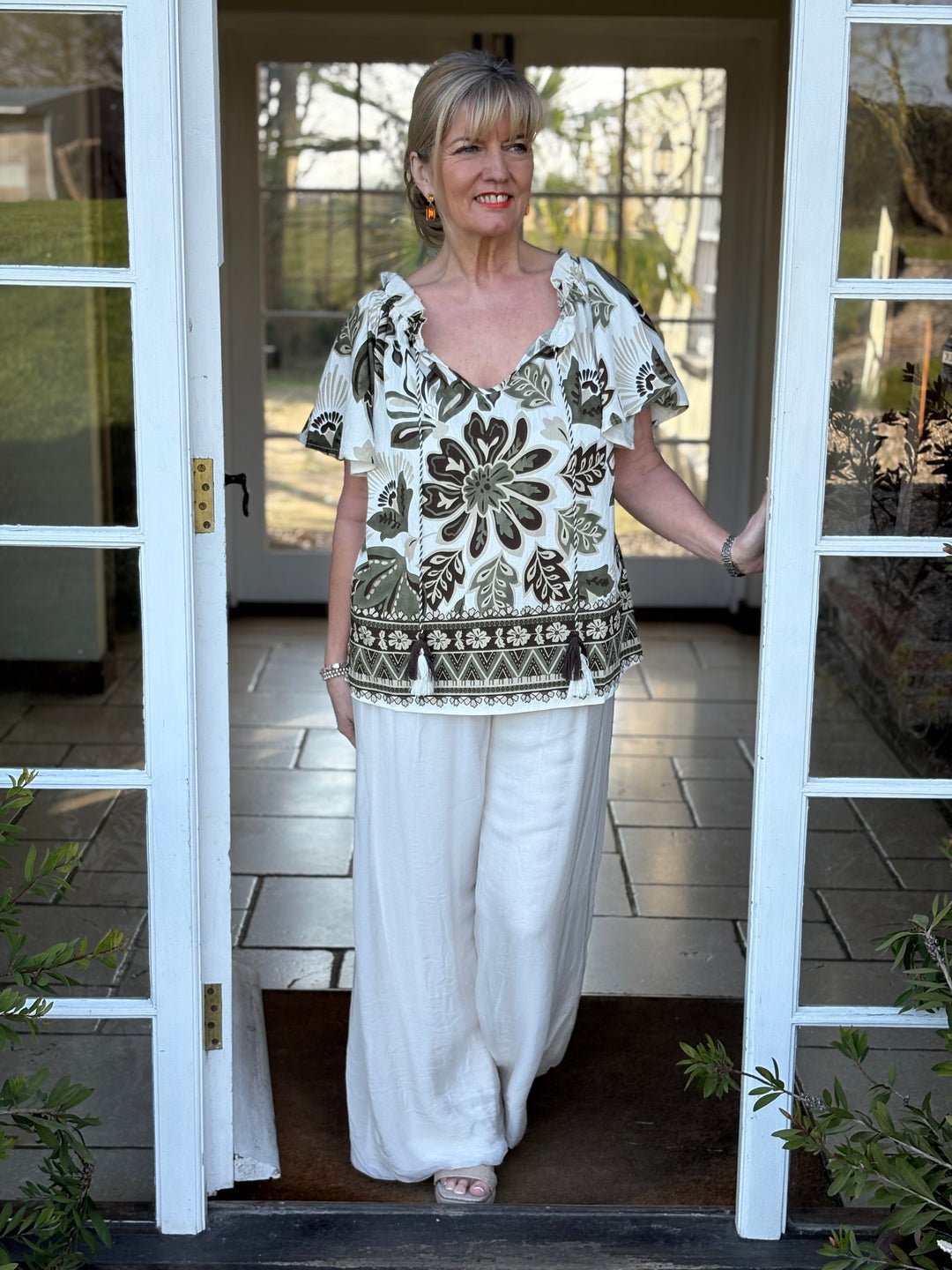 Botanical Print Ruffle Top - Malissa J | Khaki