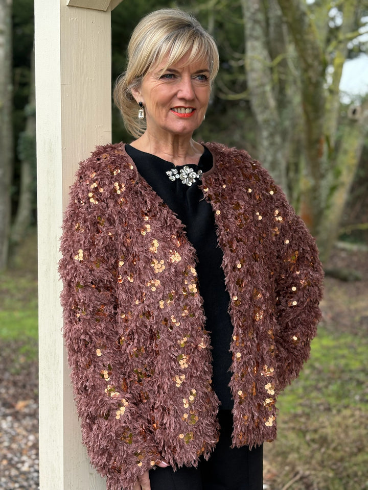 Sequin Textured Feather Jacket | Rose Gold