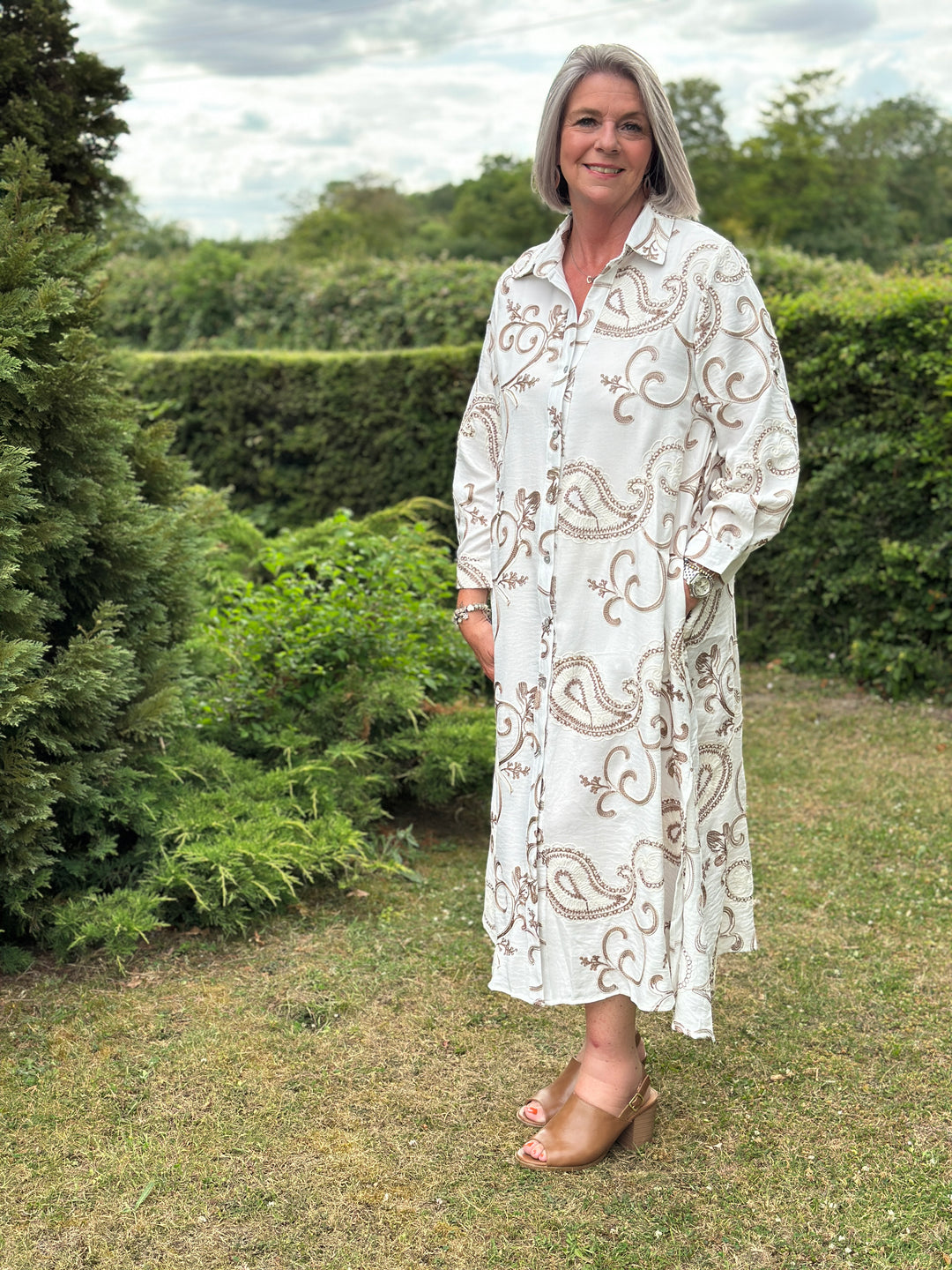 Embroidered Paisley Longline Shirt Dress - Malissa J | Latte