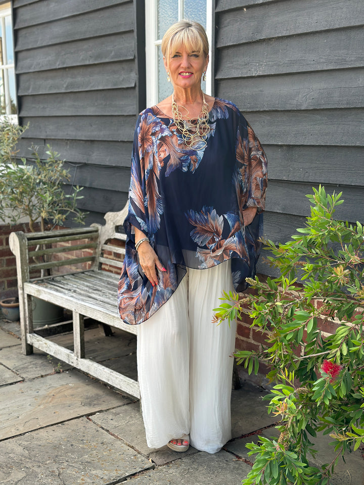 Mia Floral Silk Blouse | Navy