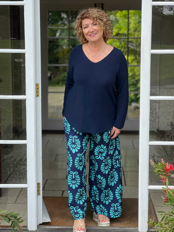 Wide Leg Printed Trousers | Turquoise Leaf