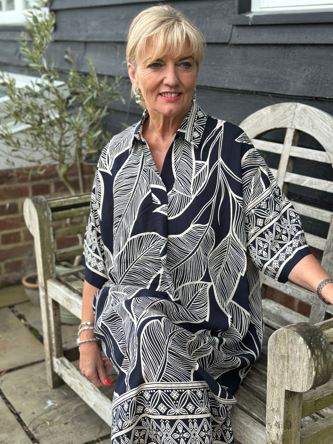 Palm Print Shirt Dress | Navy