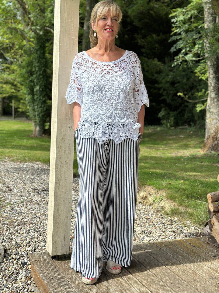 Wide Leg Linen Stripe Trouser | Navy