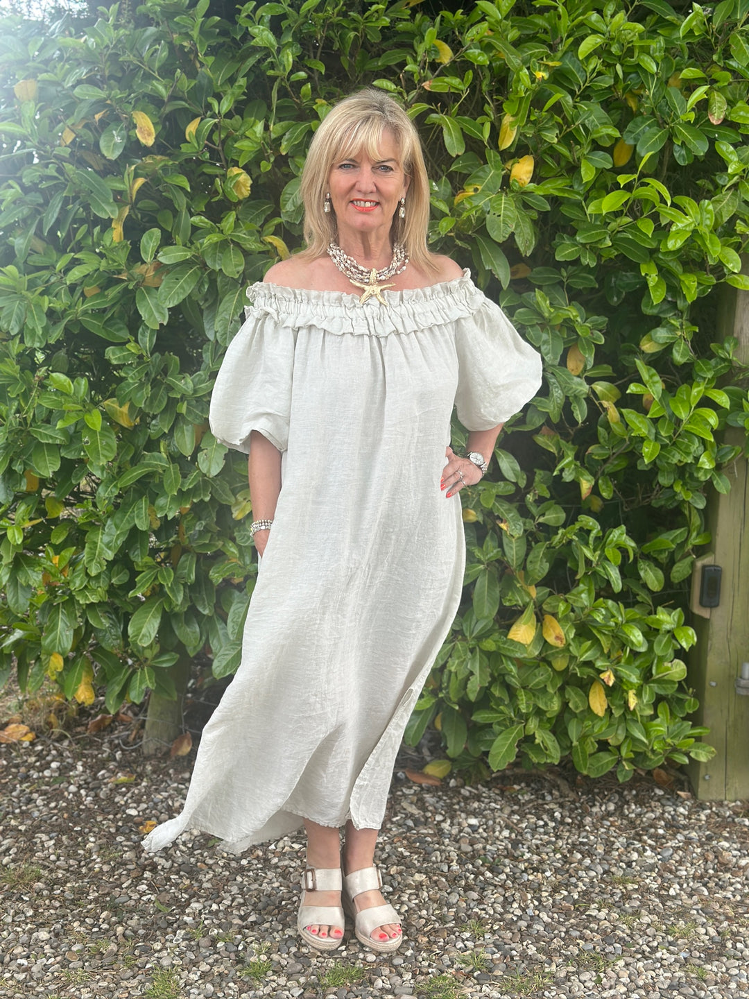 Ruffle Bardot Linen Dress | Stone