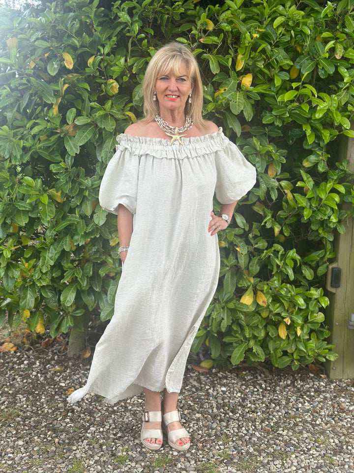 Ruffle Bardot Linen Dress | Stone