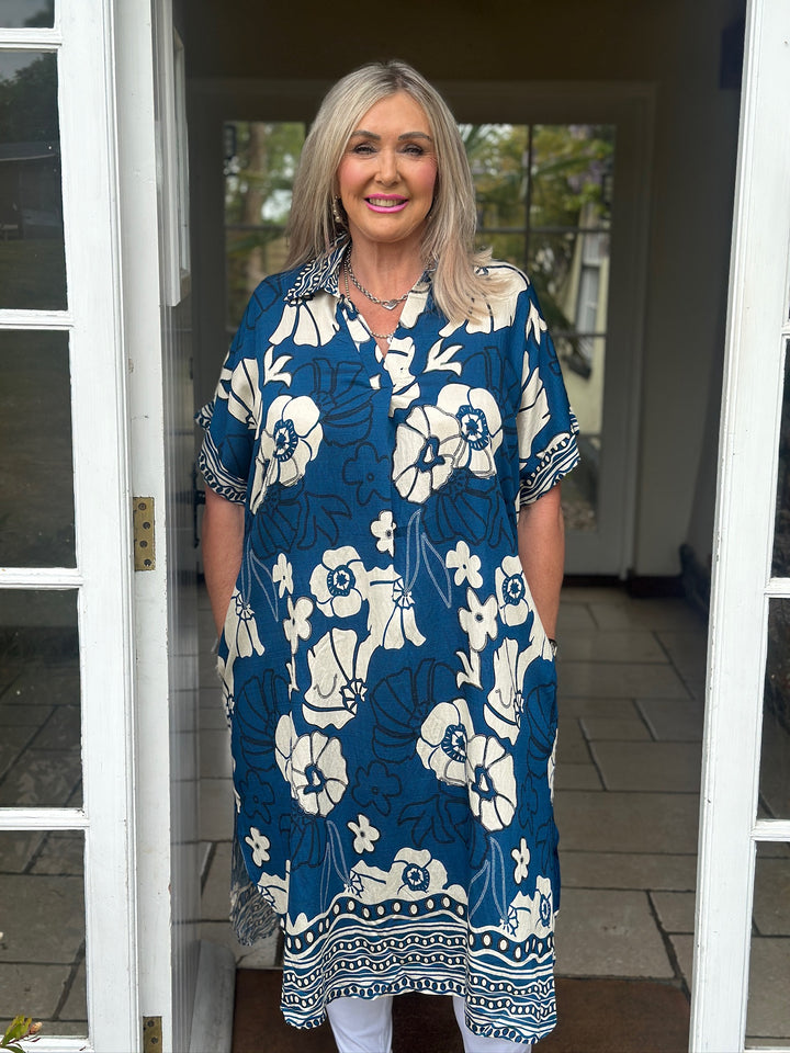 Garden Print Tunic Collar Dress | Teal