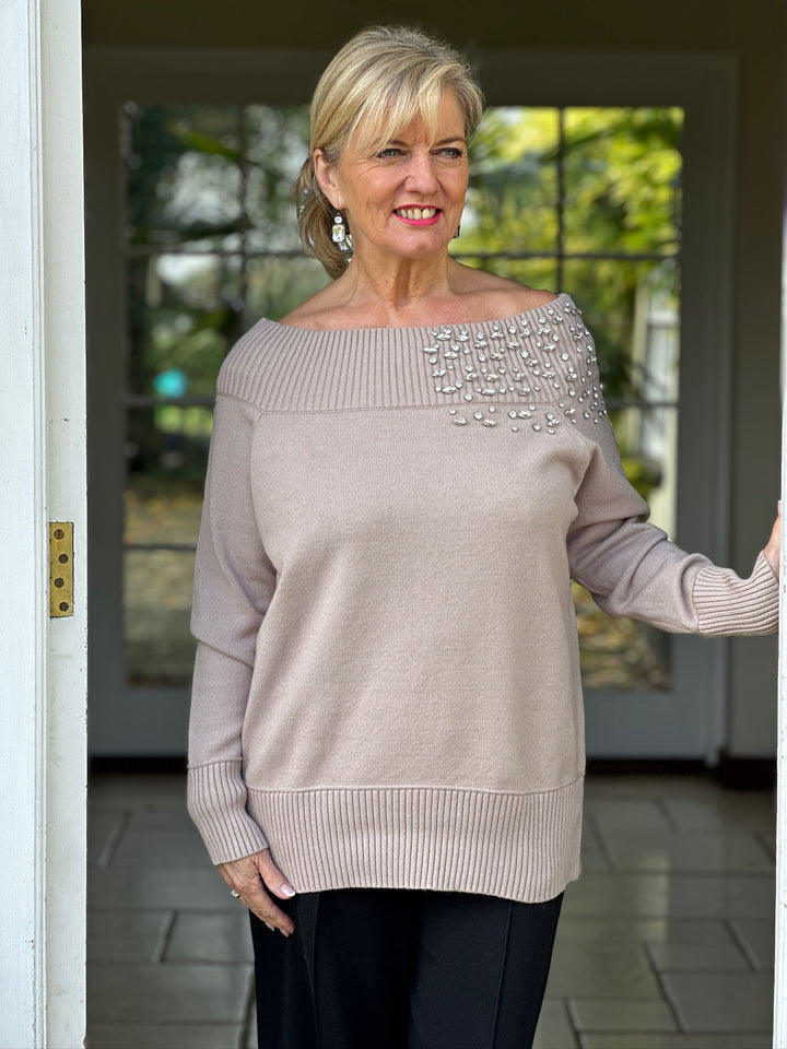 Crystal Detail Bardot Jumper - Malissa J | Taupe