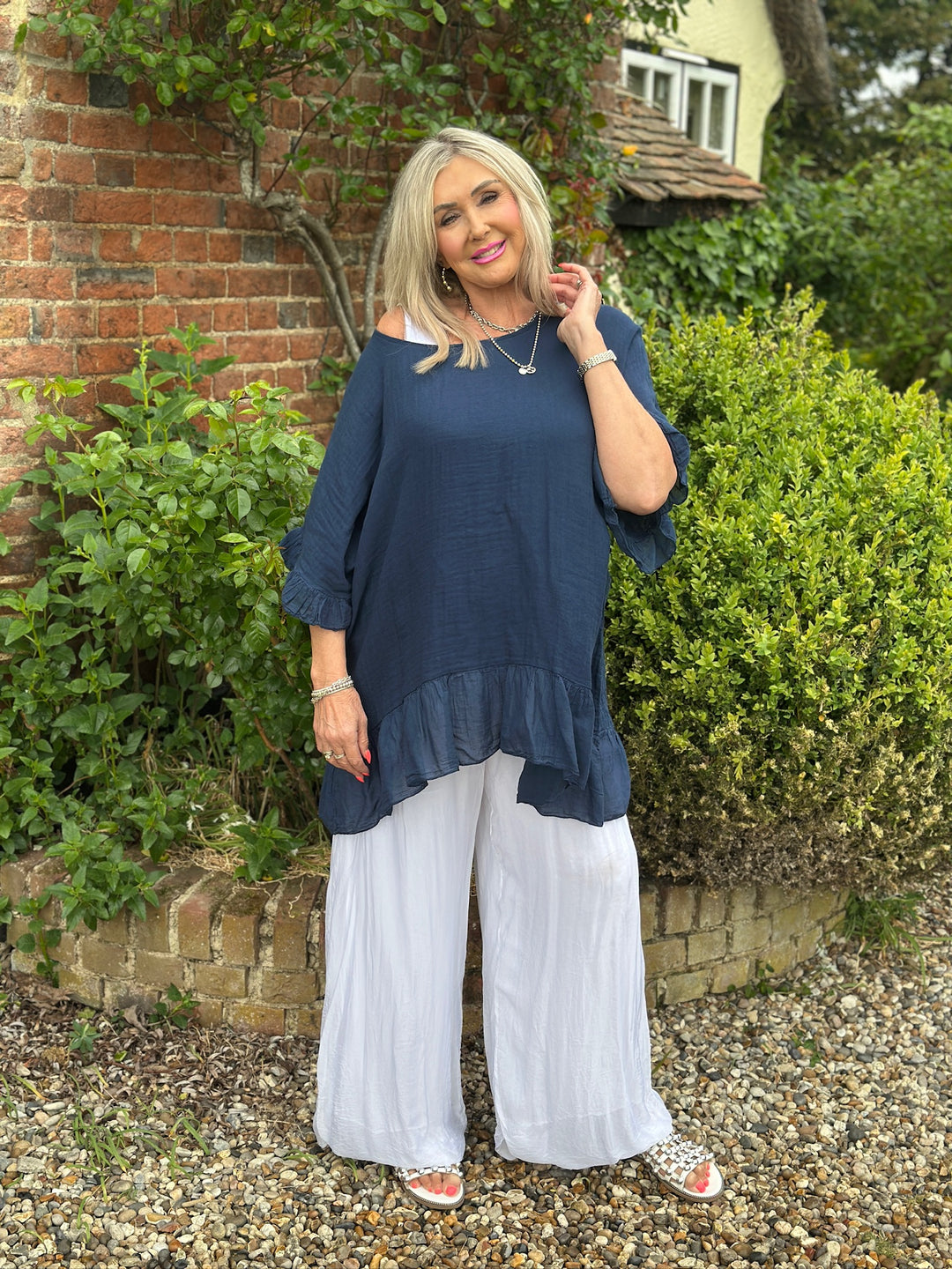 Cotton Ruffle Hem Top | Navy