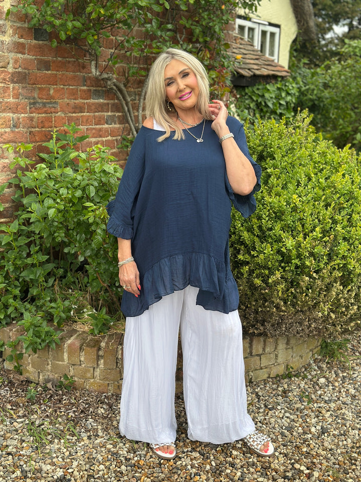 Cotton Ruffle Hem Top | Navy