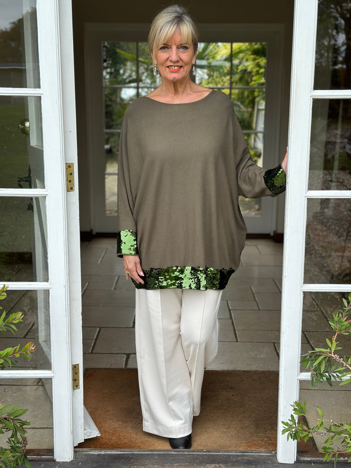 Sparkle Trim Batwing Jumper | Khaki