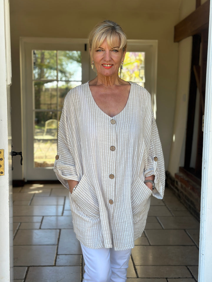 Urban Stripe Linen Top | Beige