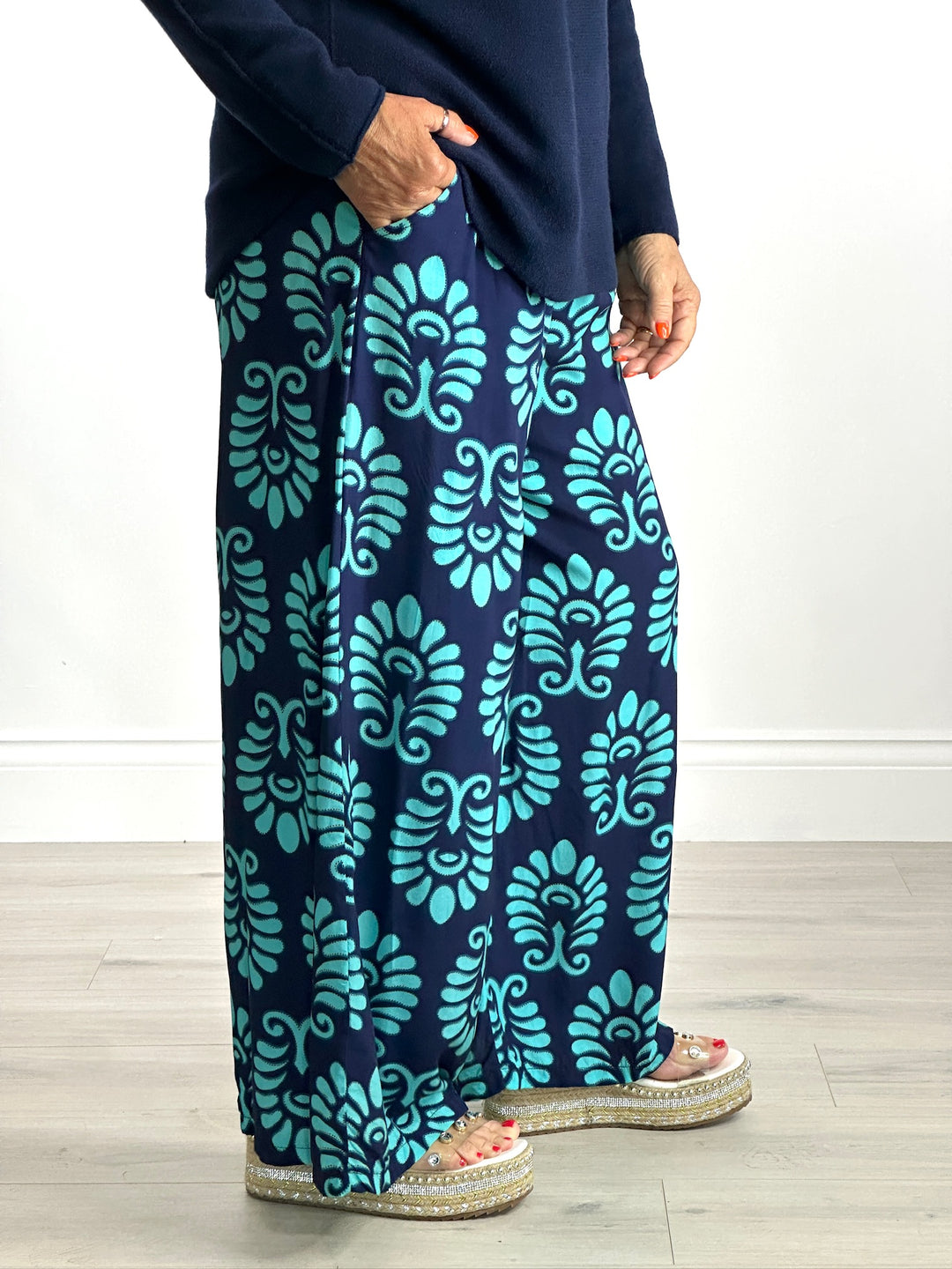Wide Leg Printed Trousers | Turquoise Leaf