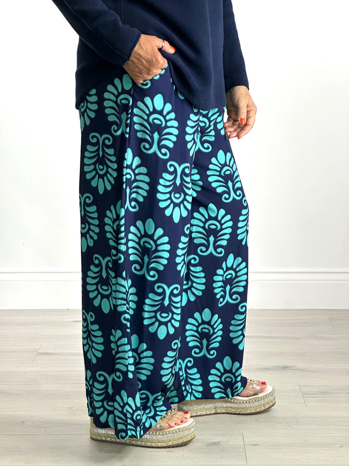 Wide Leg Printed Trousers | Turquoise Leaf