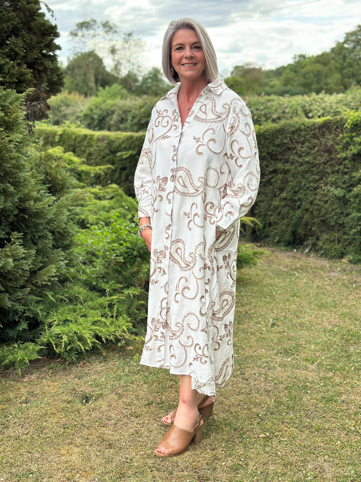 Embroidered Paisley Longline Shirt Dress - Malissa J | Latte