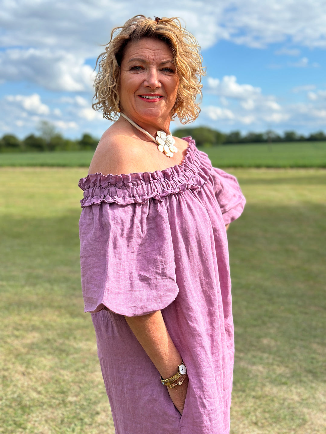 Ruffle Bardot Linen Dress | Plum