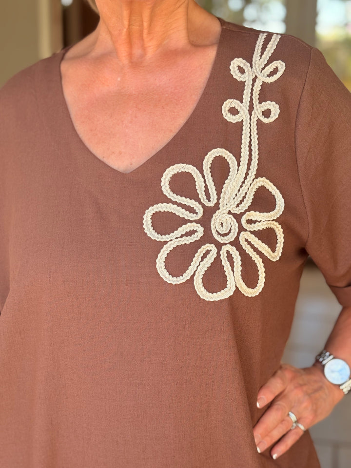 Embroidered Flower Print Tunic Dress | Chocolate