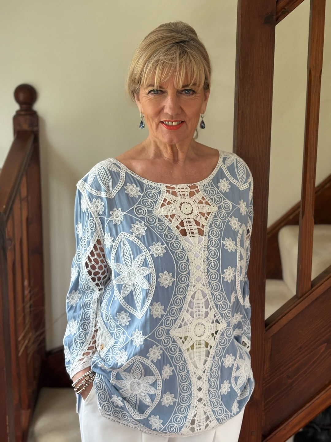 Floral Crochet Tapestry Design Top | Soft Blue