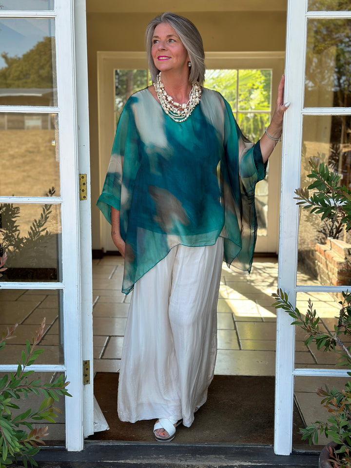 Mia Watercolour Silk Blouse | Aqua