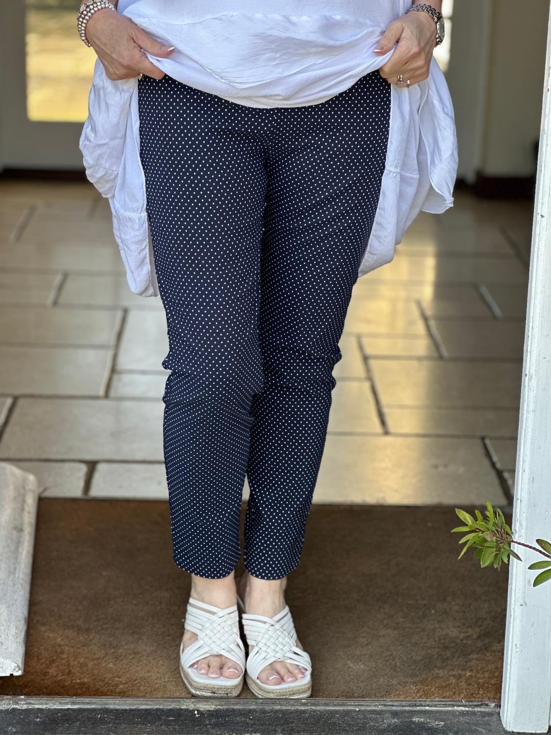 Pull Up Ankle Grazer Trouser - PINNS - 302CT | Navy Polka Dot