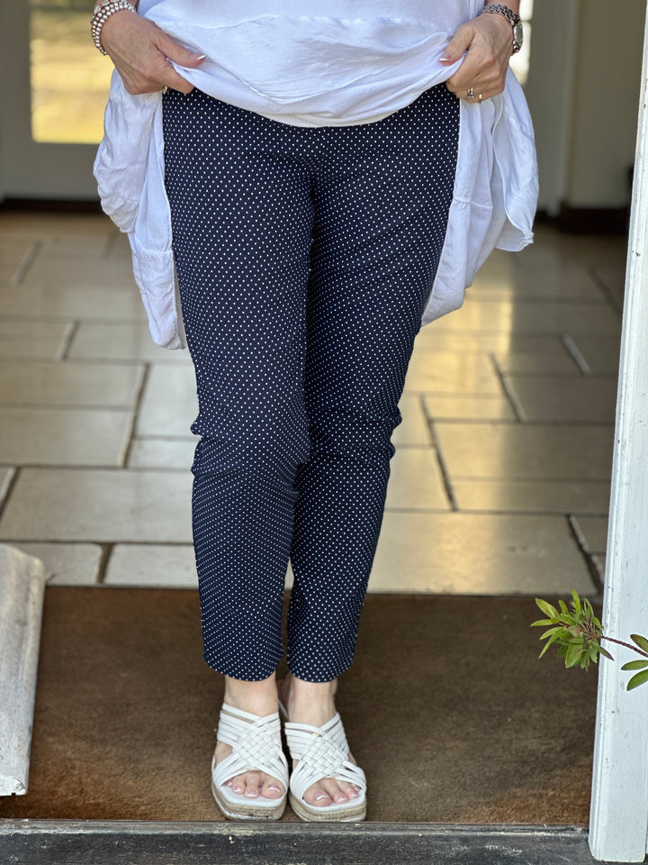 Pull Up Ankle Grazer Trouser - PINNS - 302CT | Navy Polka Dot
