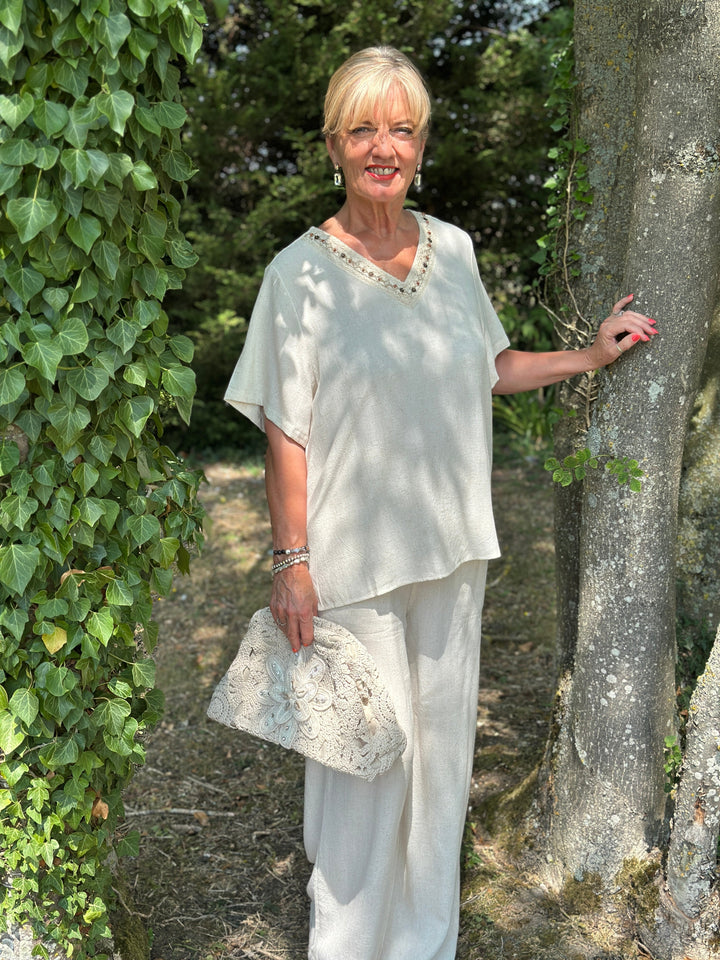Lace Trim V-Neck Cotton Blend Top | Ivory