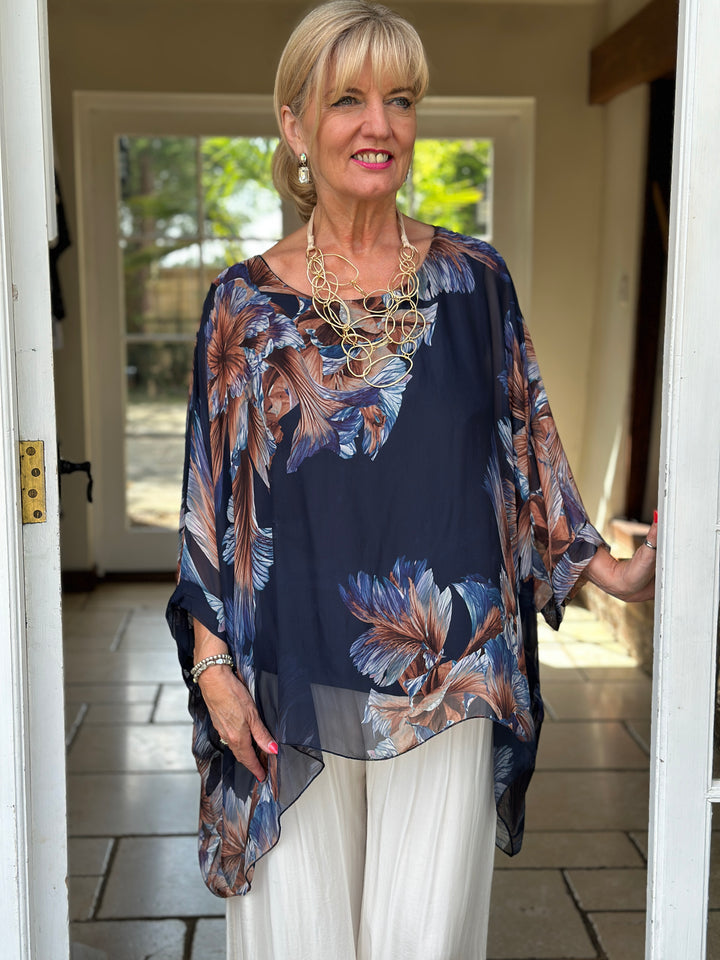 Mia Floral Silk Blouse | Navy