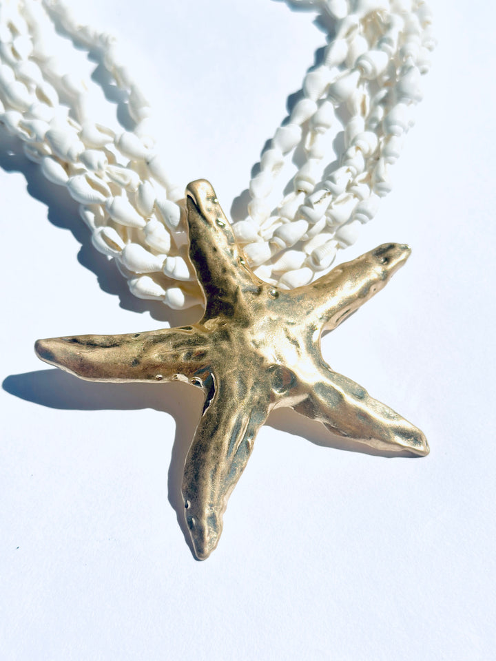 Multi-Strand Small Shell Starfish Pendant Necklace | Gold