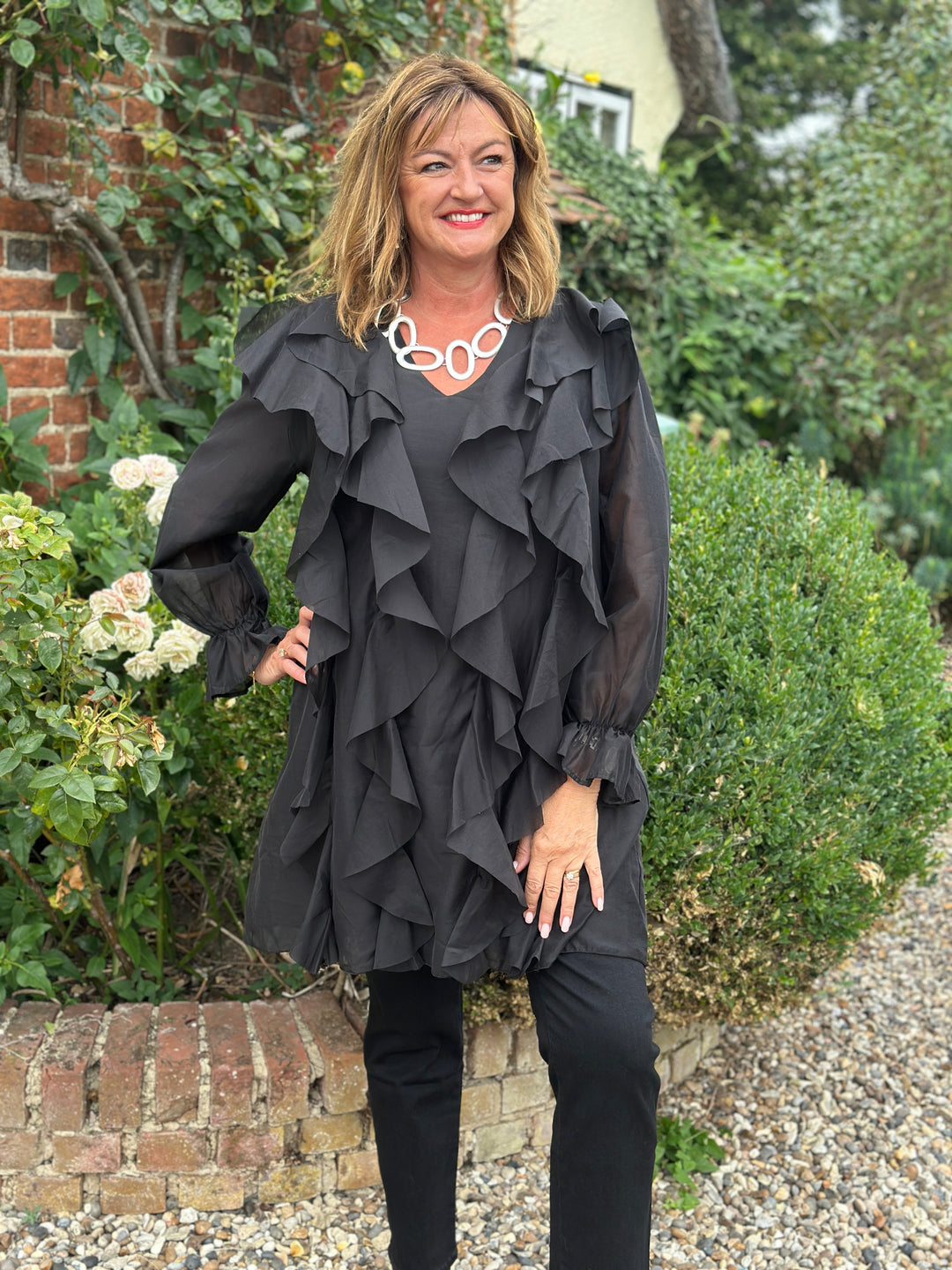 Ruffle Detail Sheer Tunic Blouse | Black