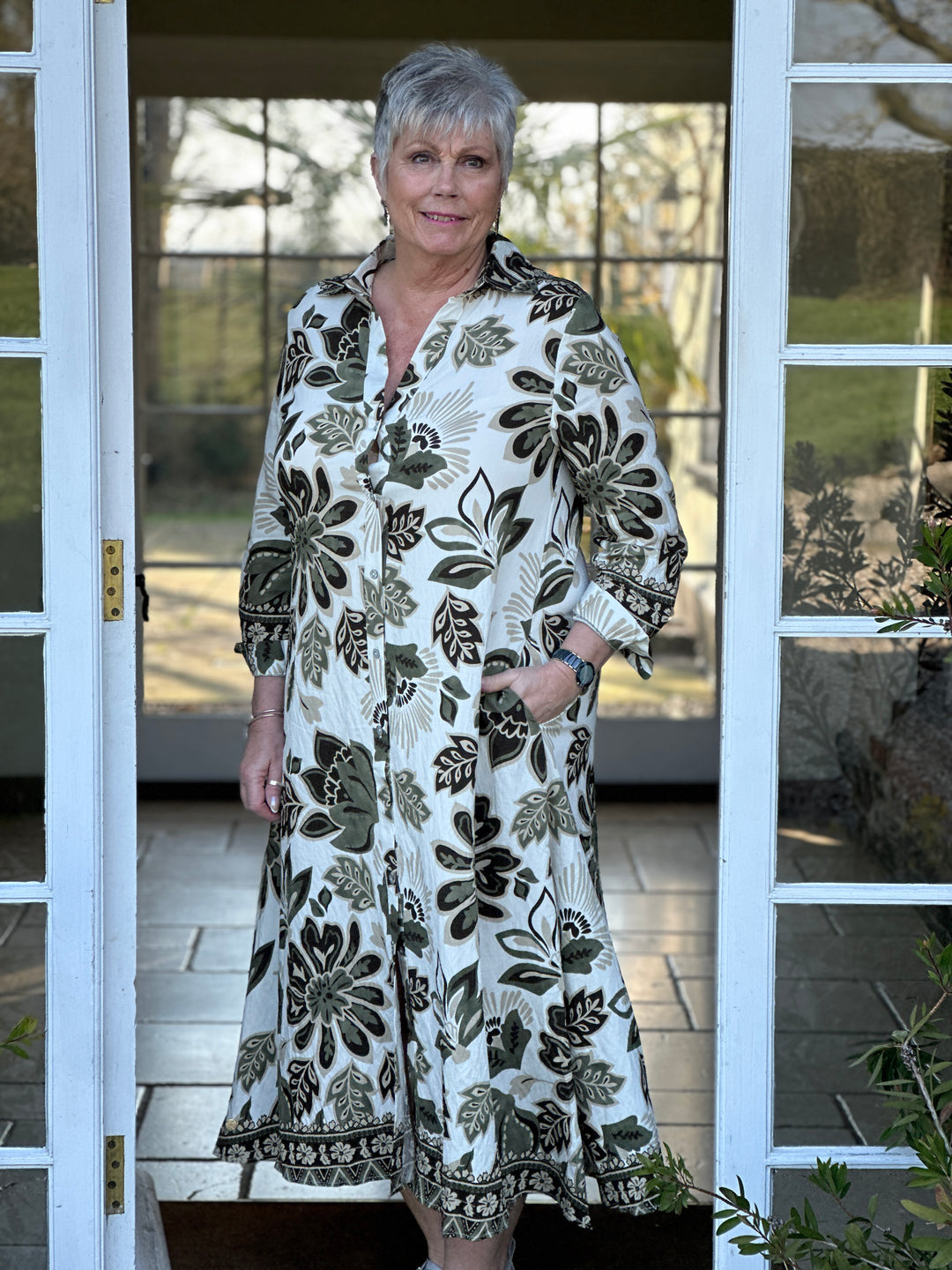 Botanical Print Longline Shirt Dress - Malissa J | Khaki