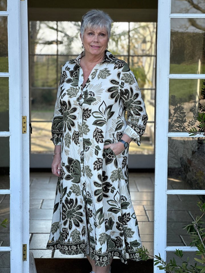 Botanical Print Longline Shirt Dress - Malissa J | Khaki