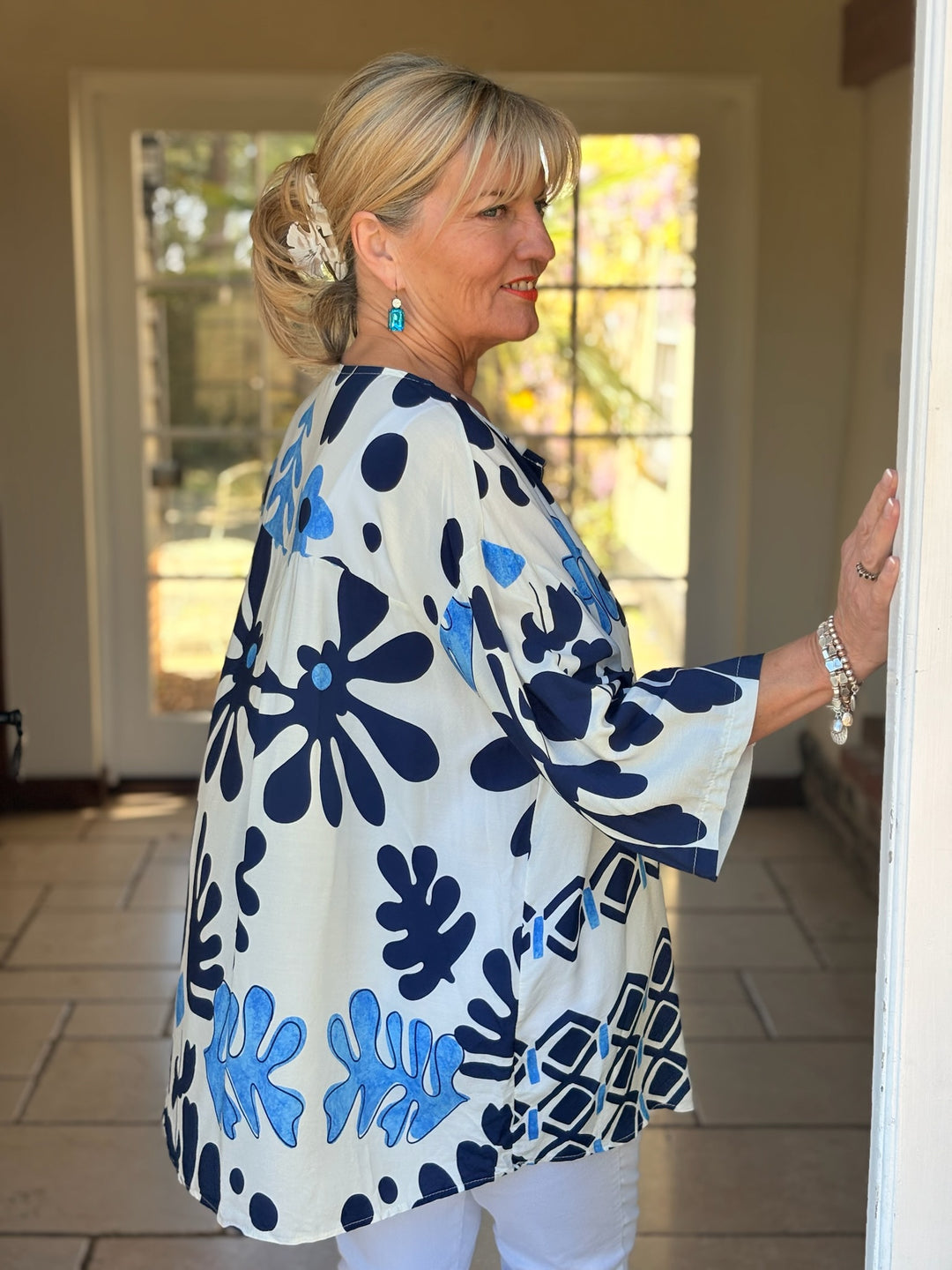 One Button Tunic Top Abstract Print | Ocean Blue