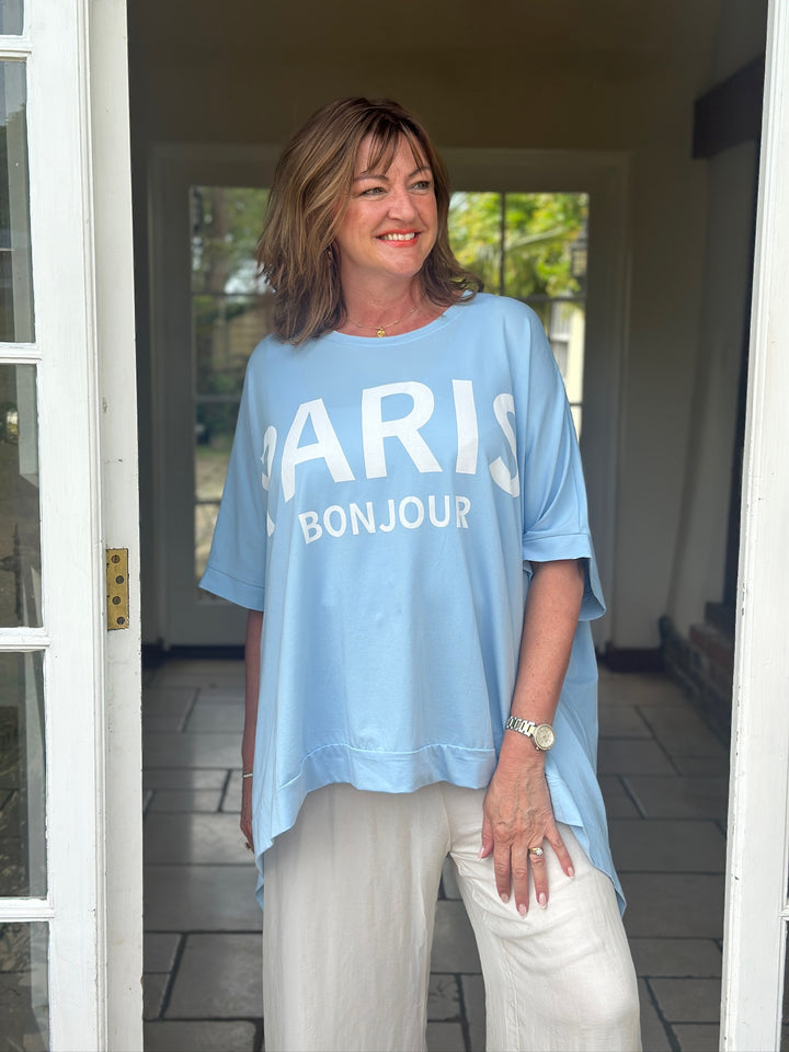 Paris Motif Oversized Top | Light Blue