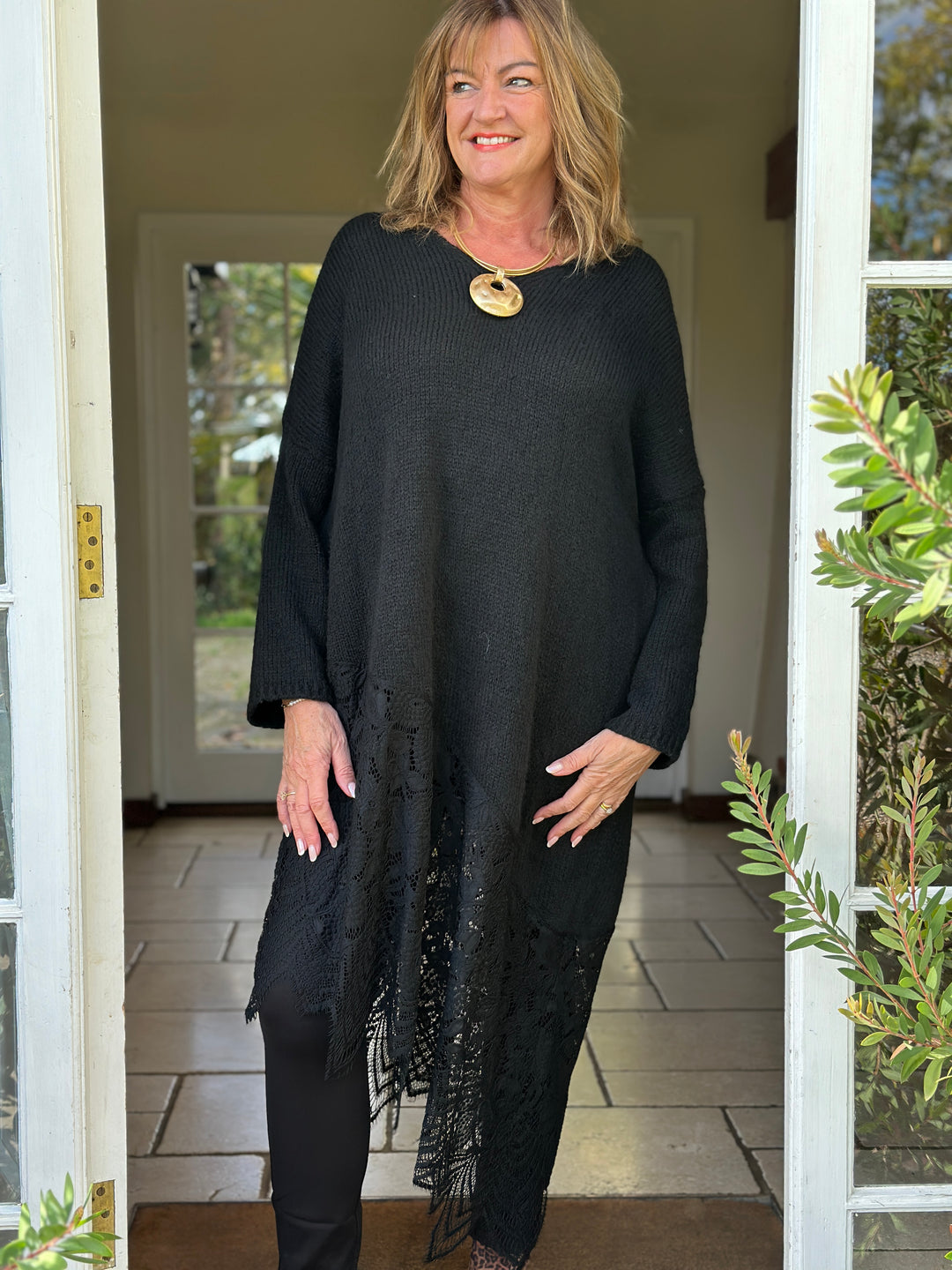 Lace Hem Knitted Jumper Dress | Black