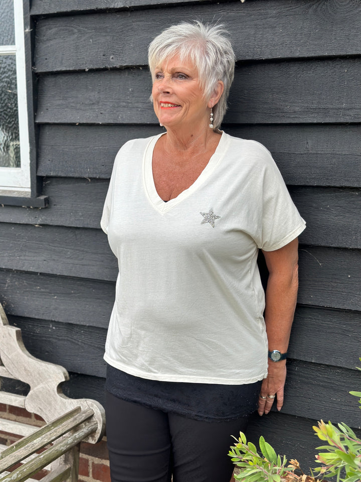 V-Neck Small Star T-Shirt | Stone