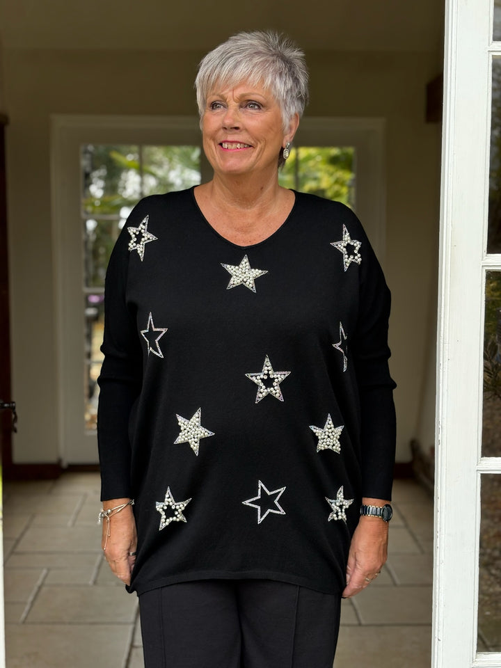Pearl & Diamanté Star Jumper | Black