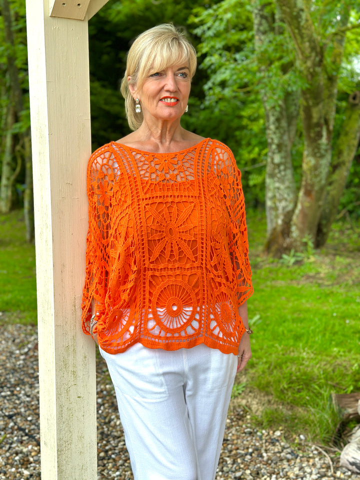 Floral Crochet Batwing Top | Orange